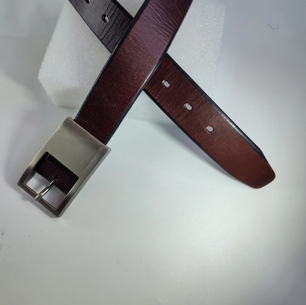 Kenneth Cole Mens Sz 36 /90 Brown Genuine Leather Belt Silver Brass Buckle Logo